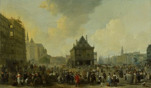 De Dam, gezien naar het Noorden, met het Stadhuis in aanbouw, 1656