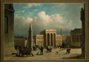 Straatvegers op de Dam met de Beurs van Zocher, 1856 - 1883